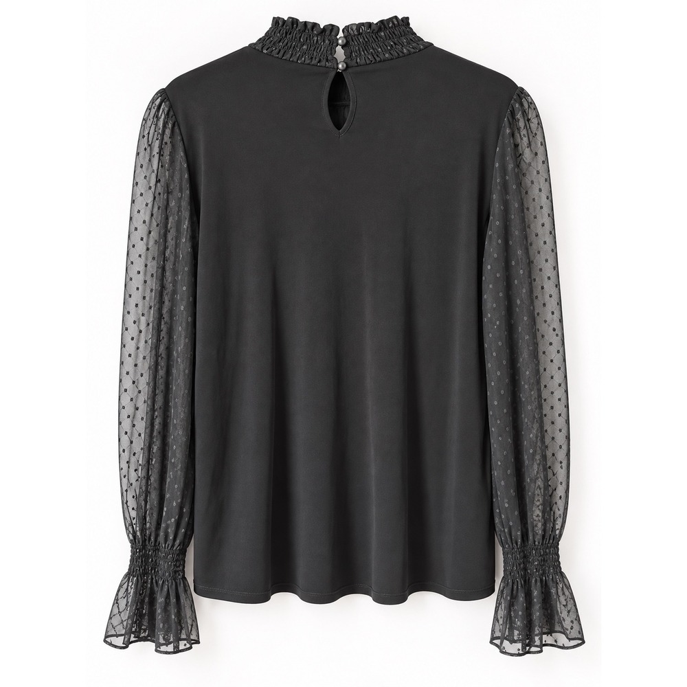 Adrianna Papell Smock Neck Top Womens L Black Sheer Clip Dot Goth AD1S301441 NWT